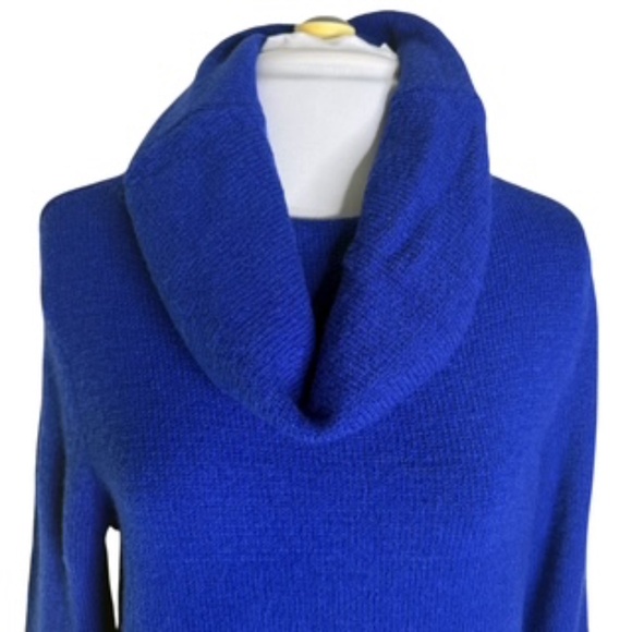 DKNY Jeans Long Tunic Cowl Neck Royal Blue Sleigh Hi/Lo Hem Sweater Size L - Picture 2 of 7